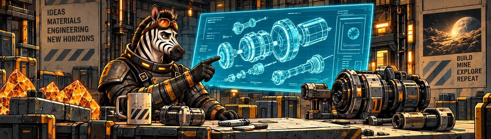 A zebra fabricator studies a mechanical blueprint beside a component.