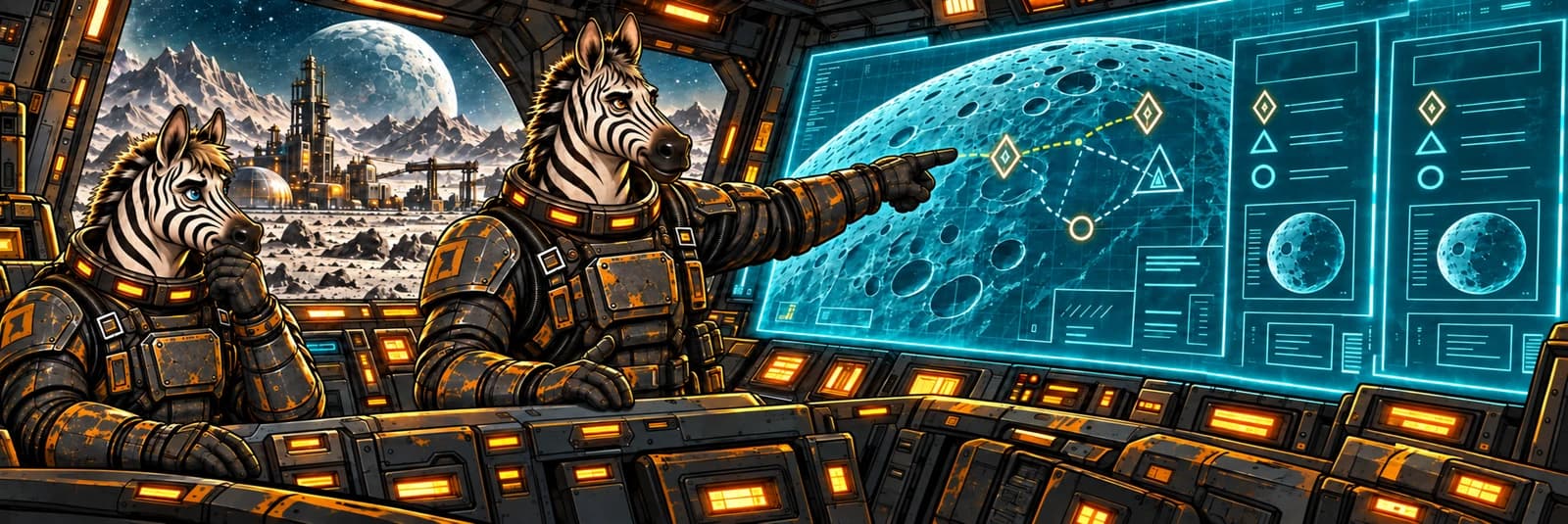 Zebra navigators plot mining locations on a holographic moon map.