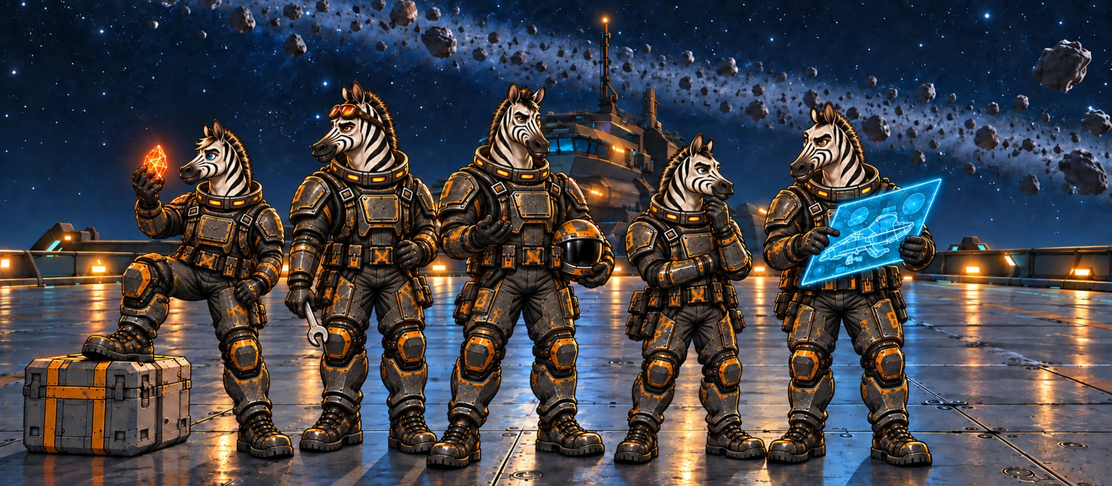 Cartoon Zebros standing on the landed Krakenβs flight deck beneath a starry night sky and an asteroid belt: a miner holding glowing ore, an engineer with a wrench, a pilot, and a mentor showing a rookie the ropes.
